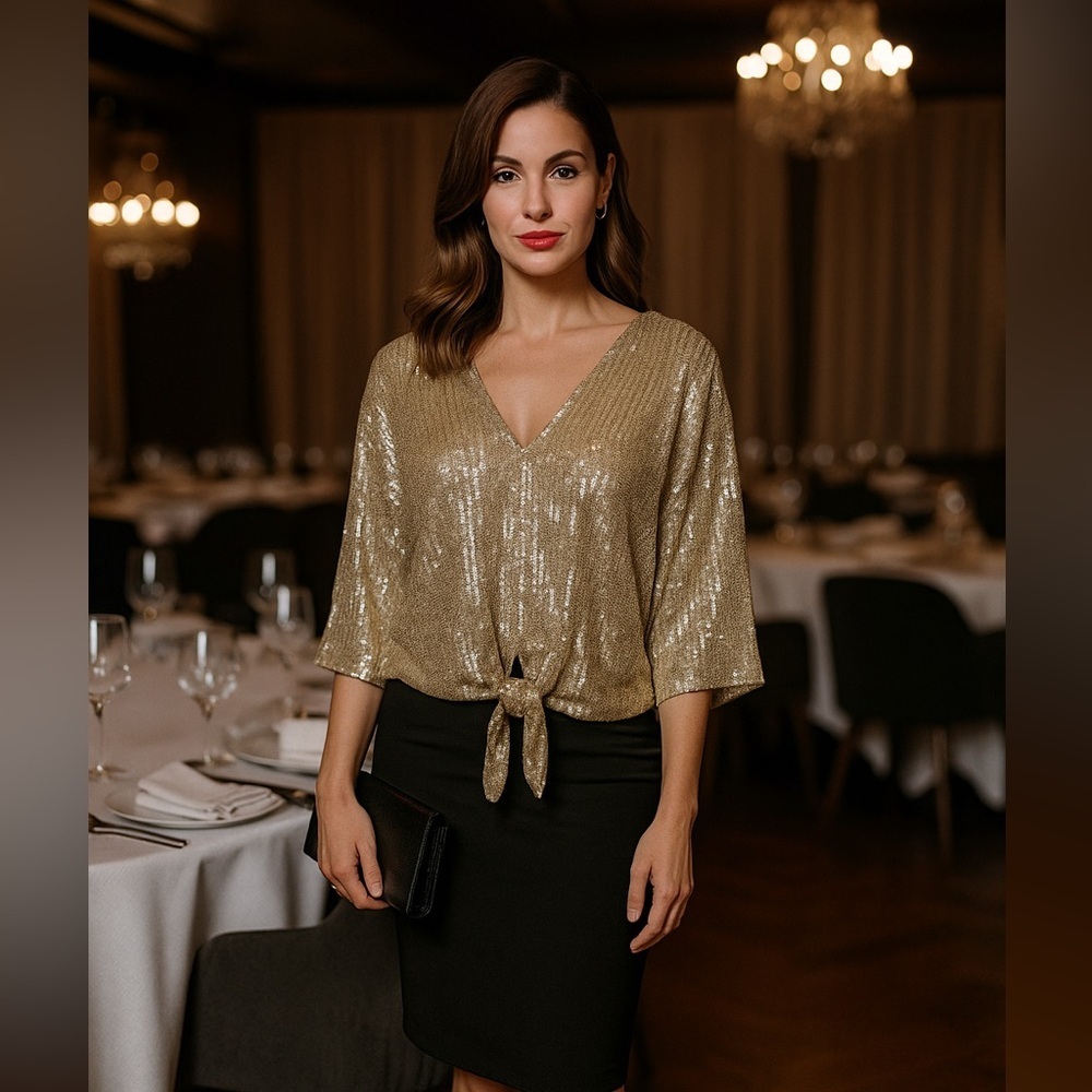 Belle by Kim Gravel Glam sequin tie knot blouse Neck XXS party event wedding